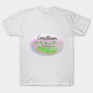 Caribbean watercolor Island travel, beach, sea and palm trees. Holidays and vacation, summer and relaxation T-Shirt